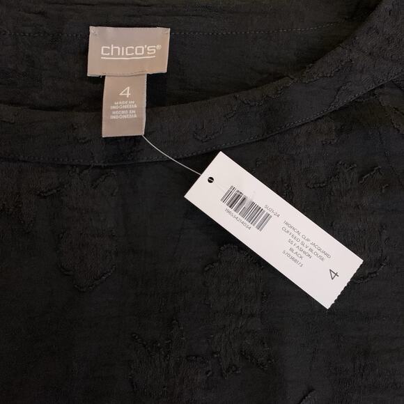 NWT Chico's Top Women's Size 4 (2X) Tropical Clip Jacquard Black Cuffed Sleeve - Picture 3 of 6